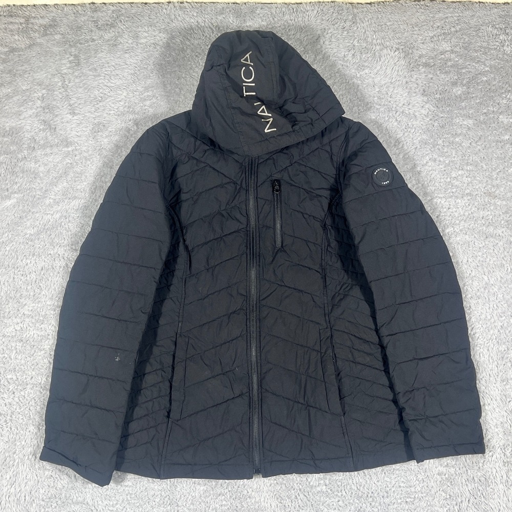 Nautica Puffer Jacket Womens L Black Water Resistant Packable Active Stretch